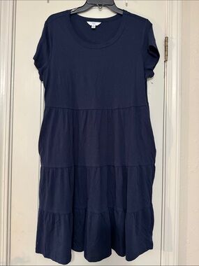 Navy Tiered Short Sleeve Midi Dress